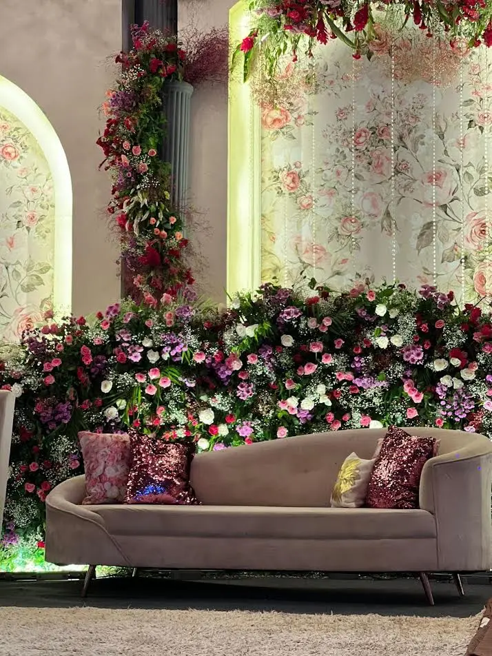 Floral arch and lounge setup by Shivam Tent House